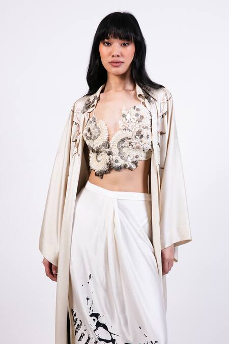 Shop_AK-OK_Black Embroidery Open Neck, Printed Silk Lungi Skirt Set _Online_at_Aza_Fashions