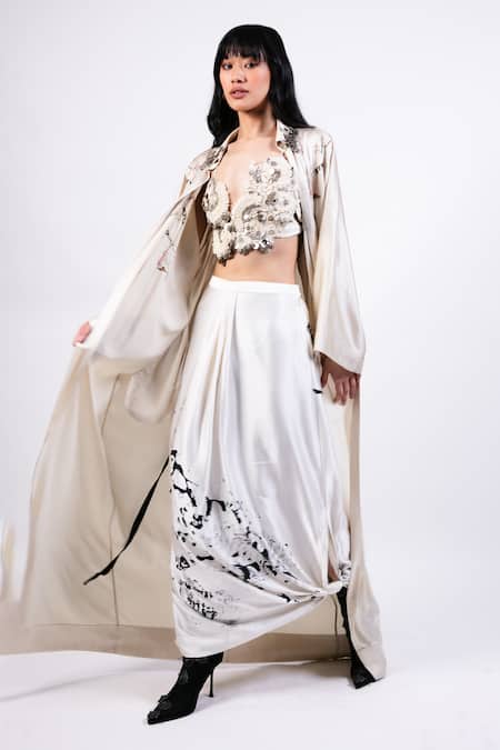 AK-OK_Black Embroidery Open Neck, Printed Silk Lungi Skirt Set _at_Aza_Fashions