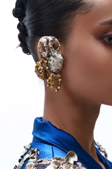 Shop_AK-OK_Gold Plated Stones Emerald Dusk Designer Earrings _Online_at_Aza_Fashions