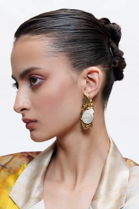 AK-OK_Gold Plated Pearls Luna Shell Drop Earrings _Online_at_Aza_Fashions