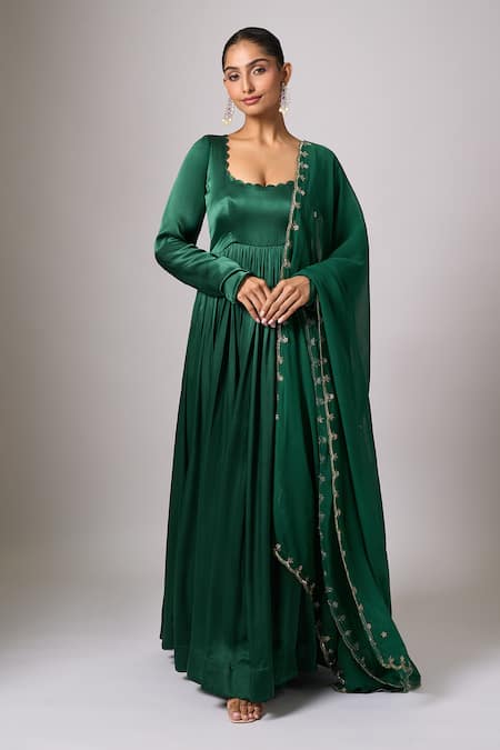Samyukta Singhania Dark Green Satin Anarkali with Dupatta 