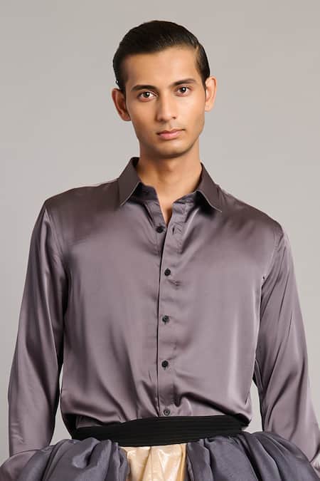 Siddartha Tytler_Gray Satin Charcoal Shirt _Online_at_Aza_Fashions