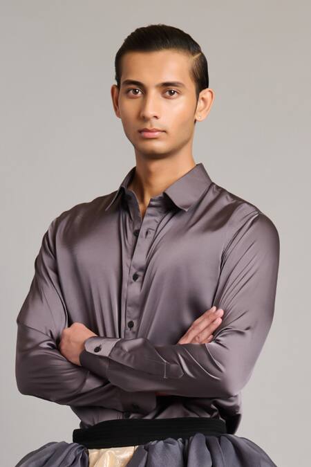Shop_Siddartha Tytler_Gray Satin Charcoal Shirt _Online_at_Aza_Fashions