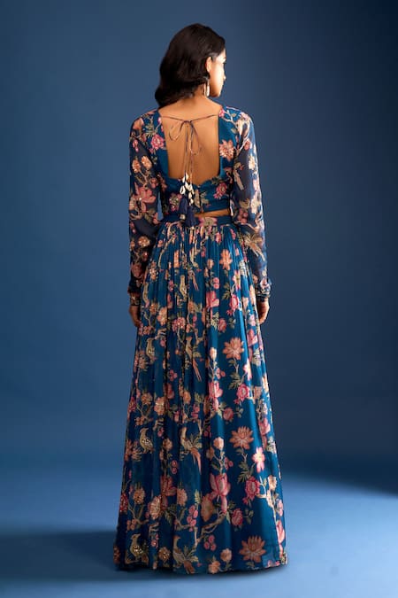 Samyukta Singhania Navy Blue Floral Embroidered Lehenga Set 