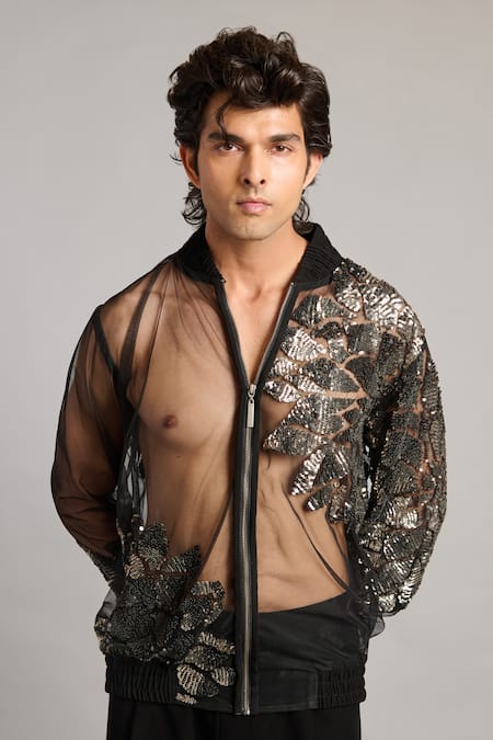 Siddartha Tytler Black Net Sequins Sheer Bomber Jacket 