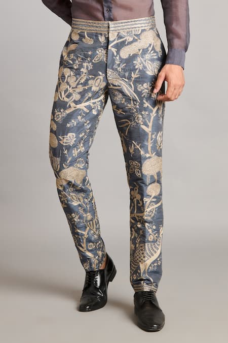 Buy_Siddartha Tytler_Blue Polyester Zari Forest Embroidered Pant _Online_at_Aza_Fashions