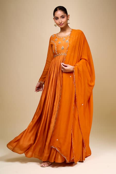 Samyukta Singhania Embroidered Orange Anarkali with Dupatta 