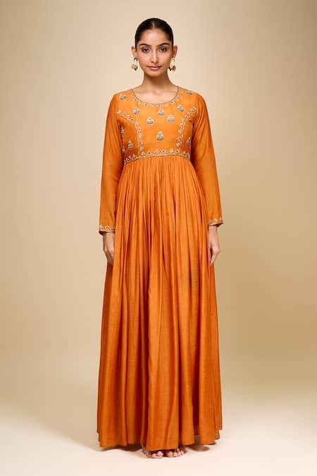 Samyukta Singhania_Orange Cotton, Silk, Net Embroidery Round Neck Anarkali With Dupatta _Online_at_Aza_Fashions