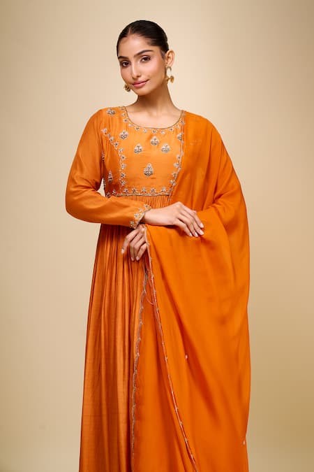 Samyukta Singhania_Orange Cotton, Silk, Net Embroidery Round Neck Anarkali With Dupatta _at_Aza_Fashions