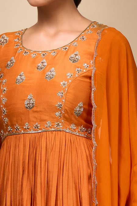 Buy_Samyukta Singhania_Orange Cotton, Silk, Net Embroidery Round Neck Anarkali With Dupatta 