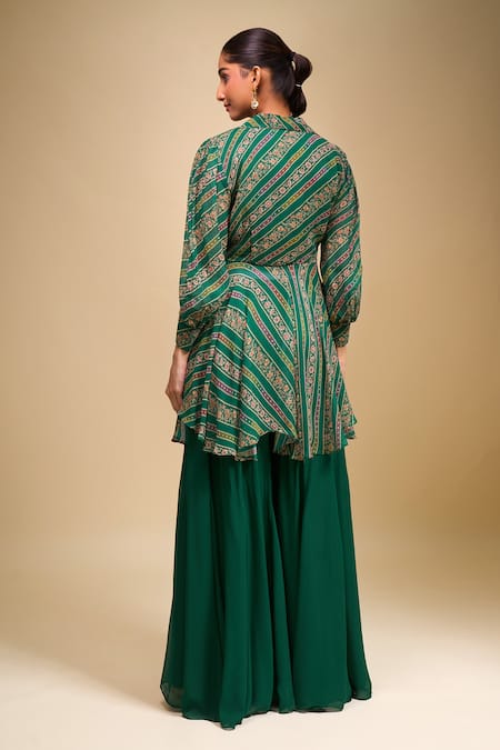 Shop Samyukta Singhania Green Georgette Collared, V-neck Peplum Kurta And Palazzo Set at Aza Fashions Shop_Samyukta Singhania_Green Georgette Collared, V-neck Peplum Kurta And Palazzo Set _at_Aza_Fashions