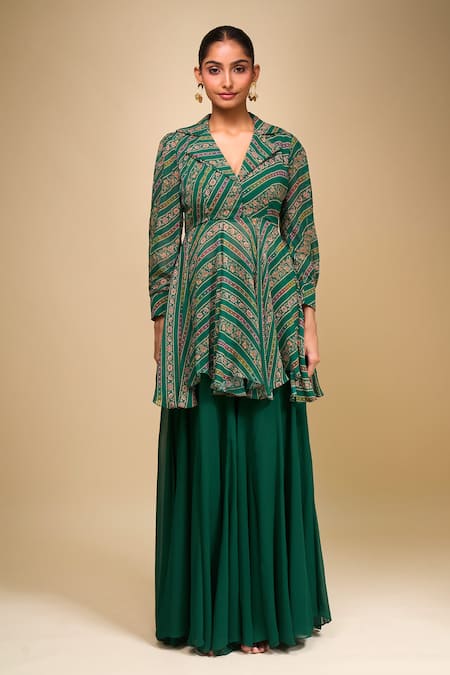 Buy Samyukta Singhania Green Georgette Collared, V-neck Peplum Kurta And Palazzo Set Online at Aza Fashions Buy_Samyukta Singhania_Green Georgette Collared, V-neck Peplum Kurta And Palazzo Set _Online_at_Aza_Fashions