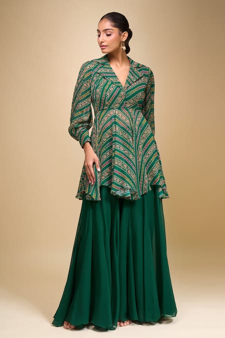 Shop Samyukta Singhania Green Georgette Collared, V-neck Peplum Kurta And Palazzo Set Online at Aza Fashions Shop_Samyukta Singhania_Green Georgette Collared, V-neck Peplum Kurta And Palazzo Set _Online_at_Aza_Fashions
