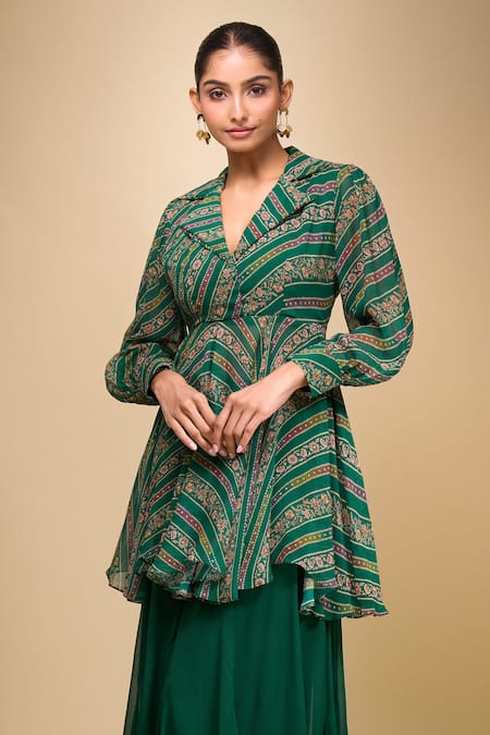Samyukta Singhania Green Georgette Collared, V-neck Peplum Kurta And Palazzo Set at Aza Fashions Samyukta Singhania_Green Georgette Collared, V-neck Peplum Kurta And Palazzo Set _at_Aza_Fashions