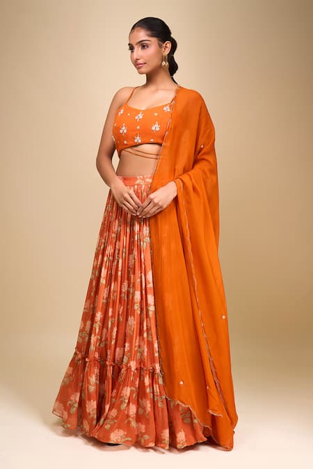 Samyukta Singhania Orange Floral Organza Lehenga Set 