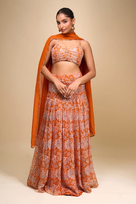 Samyukta Singhania Orange Floral Organza Lehenga Set 