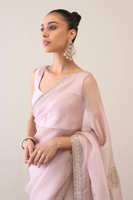 Buy_Roohbyridhimaa_Purple Silk Organza, Azeez Hand Embroidered Saree With Unstitched Blouse Fabric _Online_at_Aza_Fashions