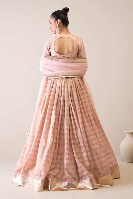 Roohbyridhimaa Peach Organza, Satin, , Chanderi Dillagi Embroidered Lehenga Set Online at Aza Fashions Roohbyridhimaa_Peach Organza, Satin, , Chanderi Dillagi Embroidered Lehenga Set _Online_at_Aza_Fashions