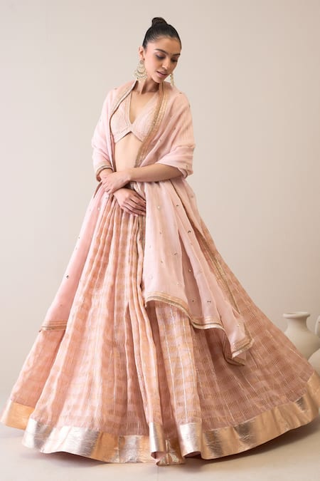 Buy Roohbyridhimaa Peach Organza, Satin, , Chanderi Dillagi Embroidered Lehenga Set Online at Aza Fashions Buy_Roohbyridhimaa_Peach Organza, Satin, , Chanderi Dillagi Embroidered Lehenga Set _Online_at_Aza_Fashions