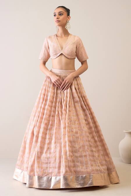Shop Roohbyridhimaa Peach Organza, Satin, , Chanderi Dillagi Embroidered Lehenga Set Online at Aza Fashions Shop_Roohbyridhimaa_Peach Organza, Satin, , Chanderi Dillagi Embroidered Lehenga Set _Online_at_Aza_Fashions