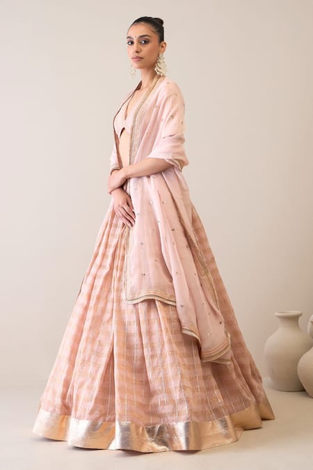 Roohbyridhimaa Peach Organza, Satin, , Chanderi Dillagi Embroidered Lehenga Set at Aza Fashions Roohbyridhimaa_Peach Organza, Satin, , Chanderi Dillagi Embroidered Lehenga Set _at_Aza_Fashions