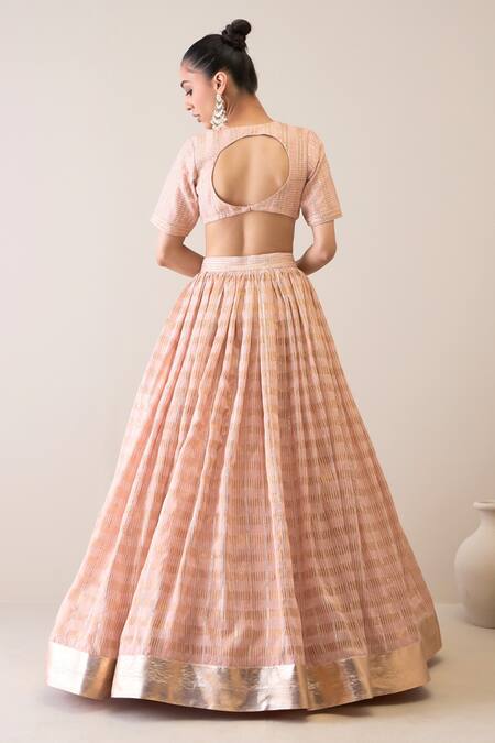 Buy Roohbyridhimaa Peach Organza, Satin, , Chanderi Dillagi Embroidered Lehenga Set Buy_Roohbyridhimaa_Peach Organza, Satin, , Chanderi Dillagi Embroidered Lehenga Set