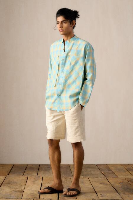 Shop Ituvana Blue Linen Applique Check Shirt Online at Aza Fashions Shop_Ituvana_Blue Linen Applique Check Shirt _Online_at_Aza_Fashions