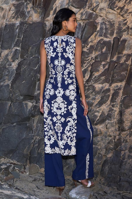 Shop Dash And Dot Navy Polyester Embroidery Round Neck Tabard Top And Pant Set at Aza Fashions Shop_Dash And Dot_Navy Polyester Embroidery Round Neck Tabard Top And Pant Set _at_Aza_Fashions