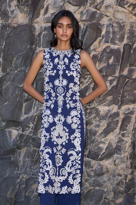 Dash And Dot Navy Polyester, Viscose Embroidery Round Neck Tabard Tunic 
