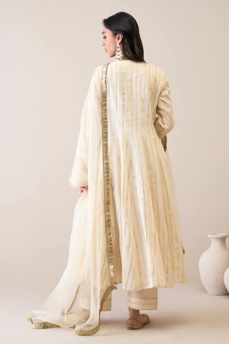 Shop_Roohbyridhimaa_Ivory Cotton, Silk Organza Mirrors Round Neck Mallika Embroidered Anarkali Set _at_Aza_Fashions