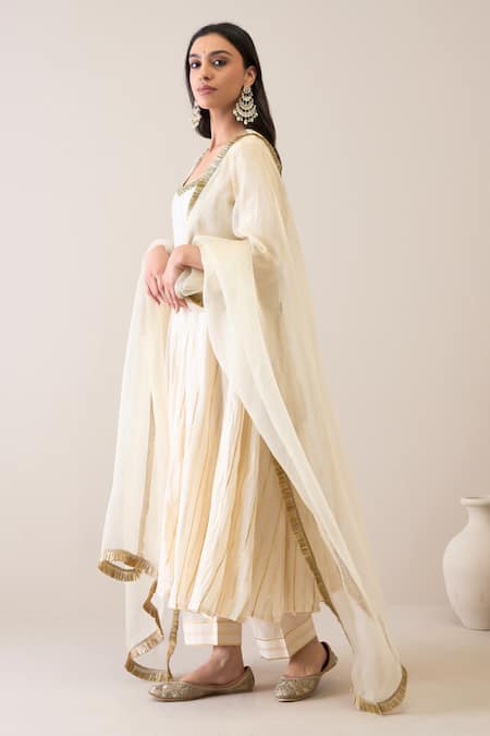 Roohbyridhimaa_Ivory Cotton, Silk Organza Mirrors Round Neck Mallika Embroidered Anarkali Set _Online_at_Aza_Fashions