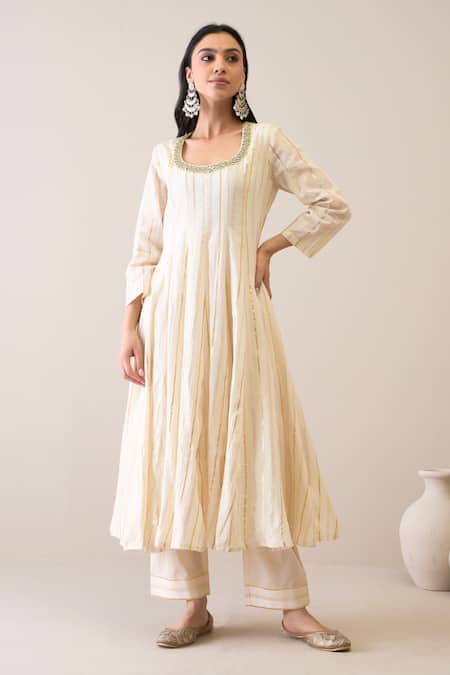Buy_Roohbyridhimaa_Ivory Cotton, Silk Organza Mirrors Round Neck Mallika Embroidered Anarkali Set _Online_at_Aza_Fashions