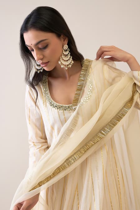 Shop_Roohbyridhimaa_Ivory Cotton, Silk Organza Mirrors Round Neck Mallika Embroidered Anarkali Set _Online_at_Aza_Fashions