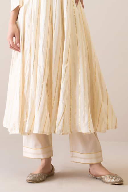 Roohbyridhimaa_Ivory Cotton, Silk Organza Mirrors Round Neck Mallika Embroidered Anarkali Set _at_Aza_Fashions