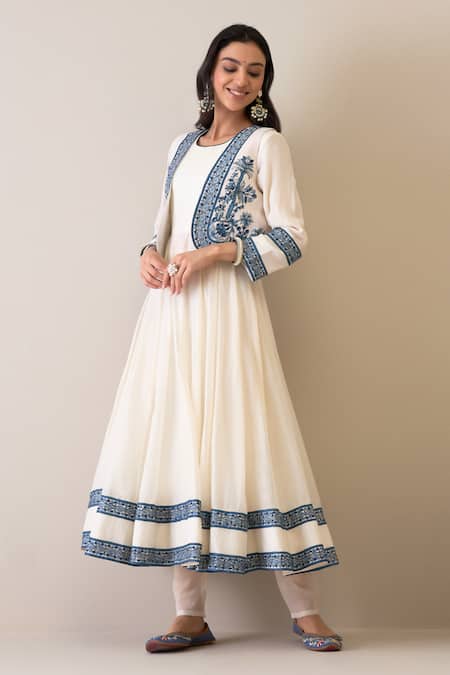 Roohbyridhimaa Off White Chanderi Embroidery Round Neck Maryam Jacket Anarkali Set Online at Aza Fashions Roohbyridhimaa_Off White Chanderi Embroidery Round Neck Maryam Jacket Anarkali Set _Online_at_Aza_Fashions
