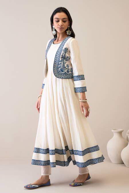 Buy Roohbyridhimaa Off White Chanderi Embroidery Round Neck Maryam Jacket Anarkali Set Online at Aza Fashions Buy_Roohbyridhimaa_Off White Chanderi Embroidery Round Neck Maryam Jacket Anarkali Set _Online_at_Aza_Fashions