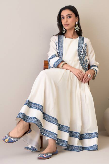 Shop Roohbyridhimaa Off White Chanderi Embroidery Round Neck Maryam Jacket Anarkali Set Online at Aza Fashions Shop_Roohbyridhimaa_Off White Chanderi Embroidery Round Neck Maryam Jacket Anarkali Set _Online_at_Aza_Fashions
