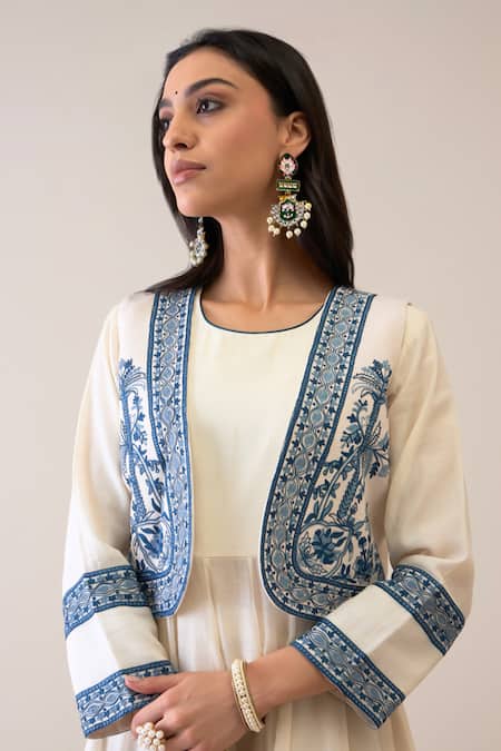 Buy Roohbyridhimaa Off White Chanderi Embroidery Round Neck Maryam Jacket Anarkali Set Buy_Roohbyridhimaa_Off White Chanderi Embroidery Round Neck Maryam Jacket Anarkali Set