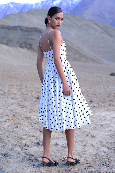Shop Dash And Dot White Polyester Square Neck Polka Dot Flared Dress at Aza Fashions Shop_Dash And Dot_White Polyester Square Neck Polka Dot Flared Dress _at_Aza_Fashions