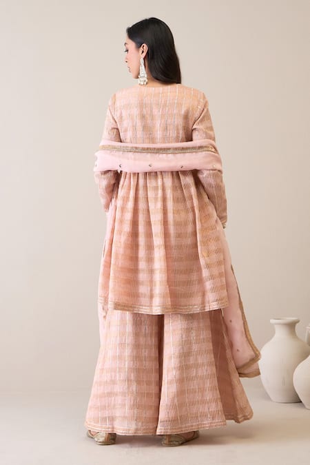 Shop Roohbyridhimaa Peach Silk Organza, Silk, Chanderi Dillagi Hand Embroidered Kurta Gharara Set at Aza Fashions Shop_Roohbyridhimaa_Peach Silk Organza, Silk, Chanderi Dillagi Hand Embroidered Kurta Gharara Set _at_Aza_Fashions