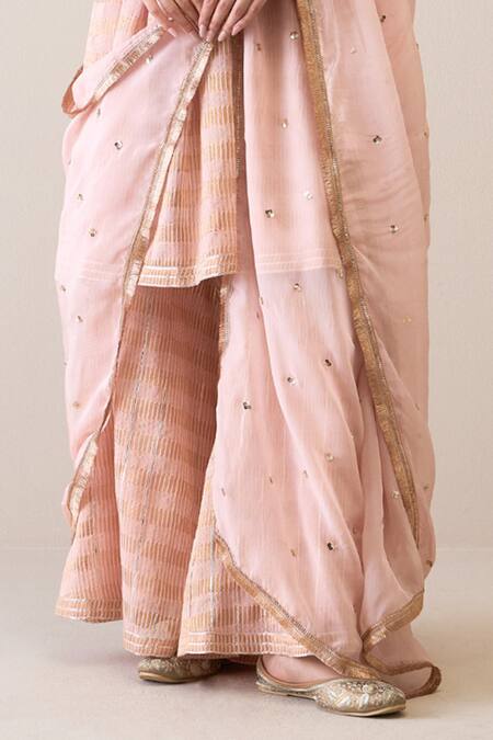 Roohbyridhimaa Peach Silk Organza, Silk, Chanderi Dillagi Hand Embroidered Kurta Gharara Set Online at Aza Fashions Roohbyridhimaa_Peach Silk Organza, Silk, Chanderi Dillagi Hand Embroidered Kurta Gharara Set _Online_at_Aza_Fashions