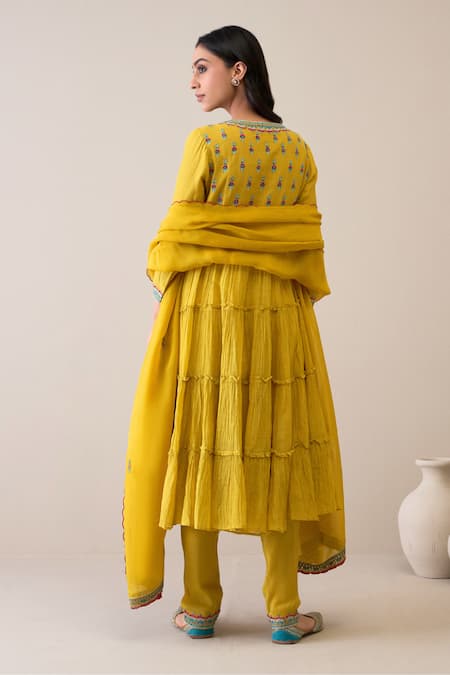 Shop Roohbyridhimaa Yellow Chanderi Embroidery Round Neck Vardaah Anarkali Set at Aza Fashions Shop_Roohbyridhimaa_Yellow Chanderi Embroidery Round Neck Vardaah Anarkali Set _at_Aza_Fashions