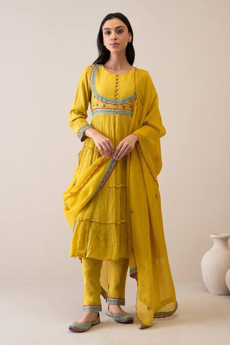 Buy Roohbyridhimaa Yellow Chanderi Embroidery Round Neck Vardaah Anarkali Set Online at Aza Fashions Buy_Roohbyridhimaa_Yellow Chanderi Embroidery Round Neck Vardaah Anarkali Set _Online_at_Aza_Fashions