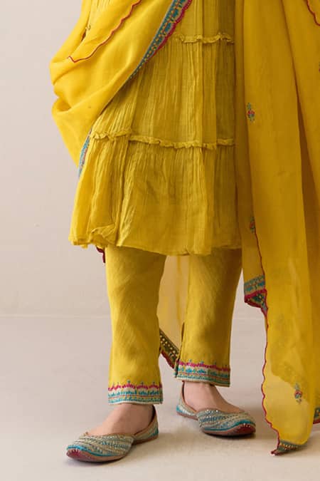 Shop Roohbyridhimaa Yellow Chanderi Embroidery Round Neck Vardaah Anarkali Set Online at Aza Fashions Shop_Roohbyridhimaa_Yellow Chanderi Embroidery Round Neck Vardaah Anarkali Set _Online_at_Aza_Fashions