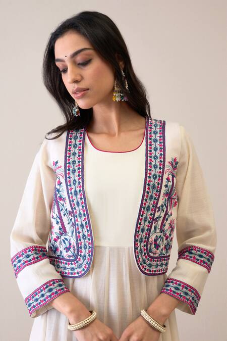 Roohbyridhimaa_Off White Chanderi Embroidery Round Neck Maryam Floral Jacket Anarkali Set _Online_at_Aza_Fashions