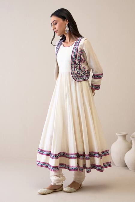 Shop_Roohbyridhimaa_Off White Chanderi Embroidery Round Neck Maryam Floral Jacket Anarkali Set _Online_at_Aza_Fashions
