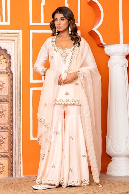 Yuvraani Jaipur Peach Silk Embroidered Kurta Sharara Set 