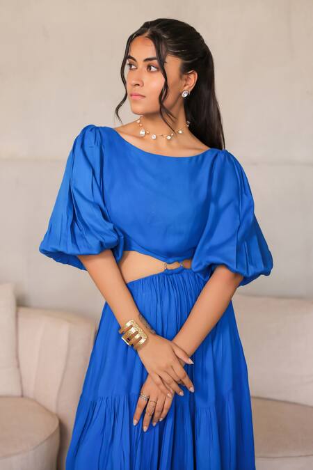 Buy_Foram Patel_Blue Rayon Round Neck Electric Designer Dress_Online_at_Aza_Fashions