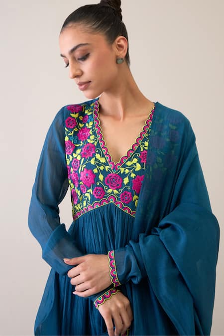 Roohbyridhimaa Blue , Cotton, Chanderi Embroidery V-neck Rimjhim Anarkali Set Online at Aza Fashions Roohbyridhimaa_Blue , Cotton, Chanderi Embroidery V-neck Rimjhim Anarkali Set _Online_at_Aza_Fashions