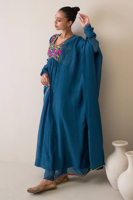 Shop Roohbyridhimaa Blue , Cotton, Chanderi Embroidery V-neck Rimjhim Anarkali Set Online at Aza Fashions Shop_Roohbyridhimaa_Blue , Cotton, Chanderi Embroidery V-neck Rimjhim Anarkali Set _Online_at_Aza_Fashions